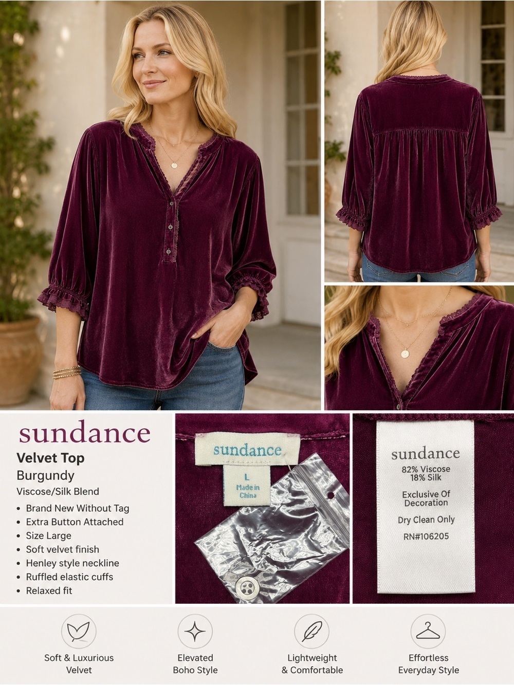 Sundance Burgundy Velvet Blouse Large Viscose Silk Blend Boho Henley Top NWOT